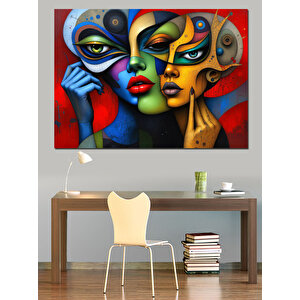 Renkli Soyut Kadın Yüzleri Dekoratif Kanvas - Mdf Ahşap Tablo 35x50 cm