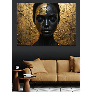 Altın Yapraklı Siyah Yüz Dekoratif Kanvas - Mdf Ahşap Tablo 100x140 cm