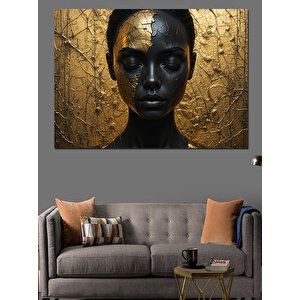 Altın Yapraklı Siyah Yüz Dekoratif Kanvas - Mdf Ahşap Tablo 100x140 cm