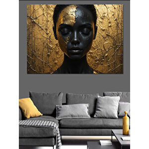 Altın Yapraklı Siyah Yüz Dekoratif Kanvas - Mdf Ahşap Tablo