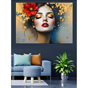 Yüzünde Yapraklı Kadın Portresi Dekoratif Kanvas - Mdf Ahşap Tablo 100x140 cm