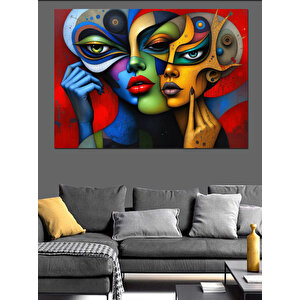 Renkli Soyut Kadın Yüzleri Dekoratif Kanvas - Mdf Ahşap Tablo 70x100 cm