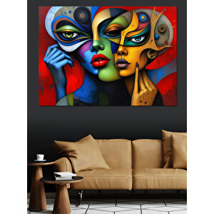 Renkli Soyut Kadın Yüzleri Dekoratif Kanvas - Mdf Ahşap Tablo 70x100 cm