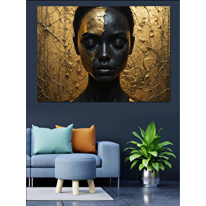 Altın Yapraklı Siyah Yüz Dekoratif Kanvas - Mdf Ahşap Tablo 25x35 cm