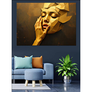 Altın Bronz Heykel Kadın Yüzü Dekoratif Kanvas - Mdf Ahşap Tablo 100x140 cm