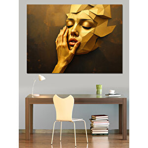 Altın Bronz Heykel Kadın Yüzü Dekoratif Kanvas - Mdf Ahşap Tablo