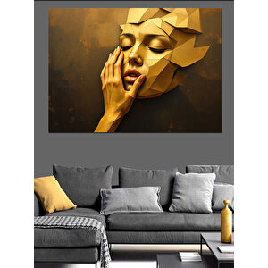 Altın Bronz Heykel Kadın Yüzü Dekoratif Kanvas - Mdf Ahşap Tablo 70x100 cm