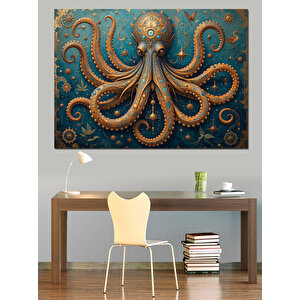Altın Motifli Dev Ahtapot Dekoratif Kanvas - Mdf Ahşap Tablo 50x70 cm