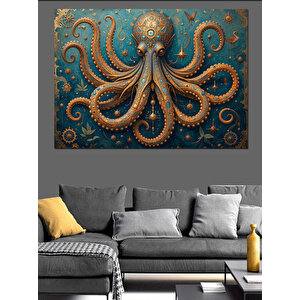 Altın Motifli Dev Ahtapot Dekoratif Kanvas - Mdf Ahşap Tablo 50x70 cm