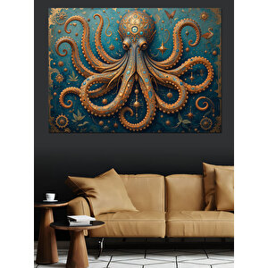 Altın Motifli Dev Ahtapot Dekoratif Kanvas - Mdf Ahşap Tablo 50x70 cm