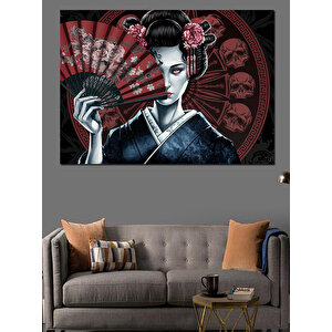Geisha Yüzü Yelpaze Kafatası Dekoratif Kanvas - Mdf Ahşap Tablo 35x50 cm
