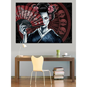 Geisha Yüzü Yelpaze Kafatası Dekoratif Kanvas - Mdf Ahşap Tablo