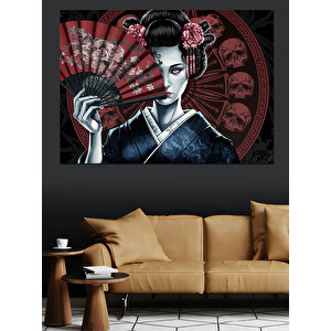Geisha Yüzü Yelpaze Kafatası Dekoratif Kanvas - Mdf Ahşap Tablo 70x100 cm
