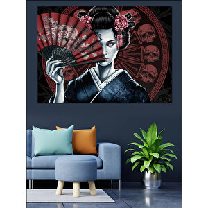 Geisha Yüzü Yelpaze Kafatası Dekoratif Kanvas - Mdf Ahşap Tablo 70x100 cm