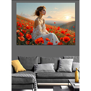 Gelincik Tarlasında Kadın Dekoratif Kanvas - Mdf Ahşap Tablo 25x35 cm
