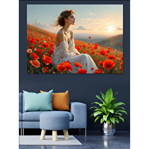 Gelincik Tarlasında Kadın Dekoratif Kanvas - Mdf Ahşap Tablo
