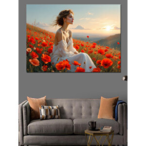 Gelincik Tarlasında Kadın Dekoratif Kanvas - Mdf Ahşap Tablo 70x100 cm
