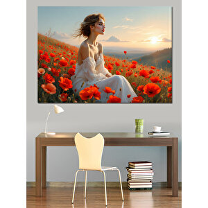 Gelincik Tarlasında Kadın Dekoratif Kanvas - Mdf Ahşap Tablo 70x100 cm
