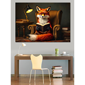 Gözlüklü Kitap Okuyan Tilki Dekoratif Kanvas - Mdf Ahşap Tablo