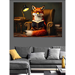Gözlüklü Kitap Okuyan Tilki Dekoratif Kanvas - Mdf Ahşap Tablo