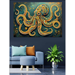 Sarı Noktalı Dev Ahtapot Dekoratif Kanvas - Mdf Ahşap Tablo 50x70 cm