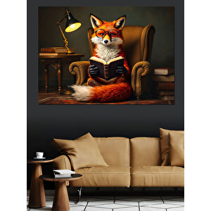 Gözlüklü Kitap Okuyan Tilki Dekoratif Kanvas - Mdf Ahşap Tablo 25x35 cm