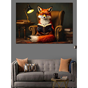 Gözlüklü Kitap Okuyan Tilki Dekoratif Kanvas - Mdf Ahşap Tablo 25x35 cm