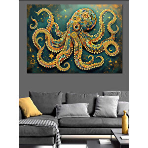 Sarı Noktalı Dev Ahtapot Dekoratif Kanvas - Mdf Ahşap Tablo 70x100 cm