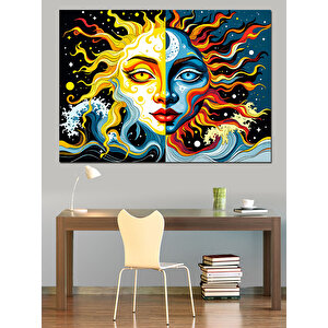 Güneş Ay Yüz İllüstrasyonu Dekoratif Kanvas - Mdf Ahşap Tablo