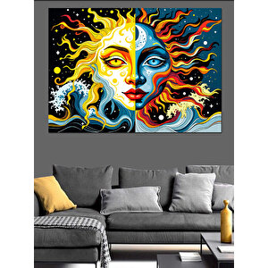 Güneş Ay Yüz İllüstrasyonu Dekoratif Kanvas - Mdf Ahşap Tablo