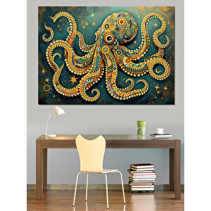 Sarı Noktalı Dev Ahtapot Dekoratif Kanvas - Mdf Ahşap Tablo