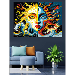 Güneş Ay Yüz İllüstrasyonu Dekoratif Kanvas - Mdf Ahşap Tablo 50x70 cm