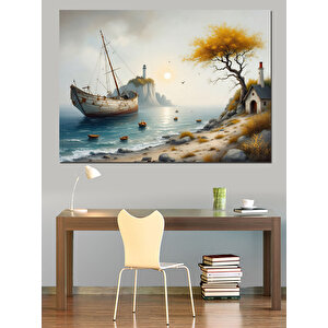Deniz Kenarında Gemi Dekoratif Kanvas - Mdf Ahşap Tablo 35x50 cm