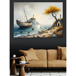 Deniz Kenarında Gemi Dekoratif Kanvas - Mdf Ahşap Tablo 35x50 cm