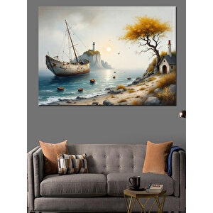 Deniz Kenarında Gemi Dekoratif Kanvas - Mdf Ahşap Tablo