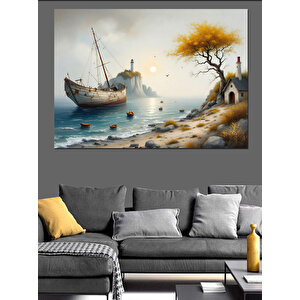 Deniz Kenarında Gemi Dekoratif Kanvas - Mdf Ahşap Tablo 50x70 cm
