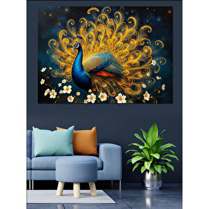 Altın Tüyleriyle Tavuskuşu Dekoratif Kanvas - Mdf Ahşap Tablo