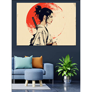 Kırmızı Güneşli Samuray Dekoratif Kanvas - Mdf Ahşap Tablo