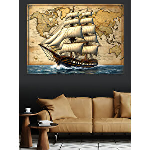 Haritalı Yelkenli Gemi Dekoratif Kanvas - Mdf Ahşap Tablo 100x140 cm