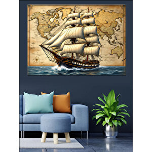 Haritalı Yelkenli Gemi Dekoratif Kanvas - Mdf Ahşap Tablo 100x140 cm