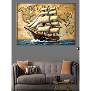 Haritalı Yelkenli Gemi Dekoratif Kanvas - Mdf Ahşap Tablo 100x140 cm