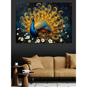 Altın Tüyleriyle Tavuskuşu Dekoratif Kanvas - Mdf Ahşap Tablo