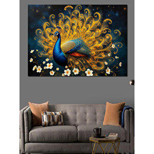 Altın Tüyleriyle Tavuskuşu Dekoratif Kanvas - Mdf Ahşap Tablo 100x140 cm