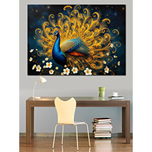 Altın Tüyleriyle Tavuskuşu Dekoratif Kanvas - Mdf Ahşap Tablo 100x140 cm