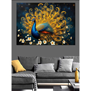 Altın Tüyleriyle Tavuskuşu Dekoratif Kanvas - Mdf Ahşap Tablo 100x140 cm