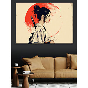 Kırmızı Güneşli Samuray Dekoratif Kanvas - Mdf Ahşap Tablo