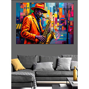 Saksafon Çalan Caz Müzisyeni Dekoratif Kanvas - Mdf Ahşap Tablo