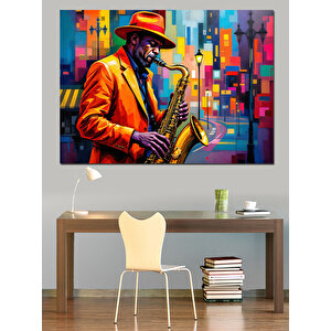 Saksafon Çalan Caz Müzisyeni Dekoratif Kanvas - Mdf Ahşap Tablo