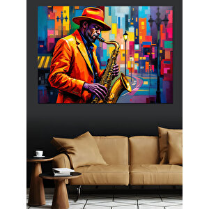 Saksafon Çalan Caz Müzisyeni Dekoratif Kanvas - Mdf Ahşap Tablo 100x140 cm