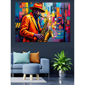 Saksafon Çalan Caz Müzisyeni Dekoratif Kanvas - Mdf Ahşap Tablo 100x140 cm